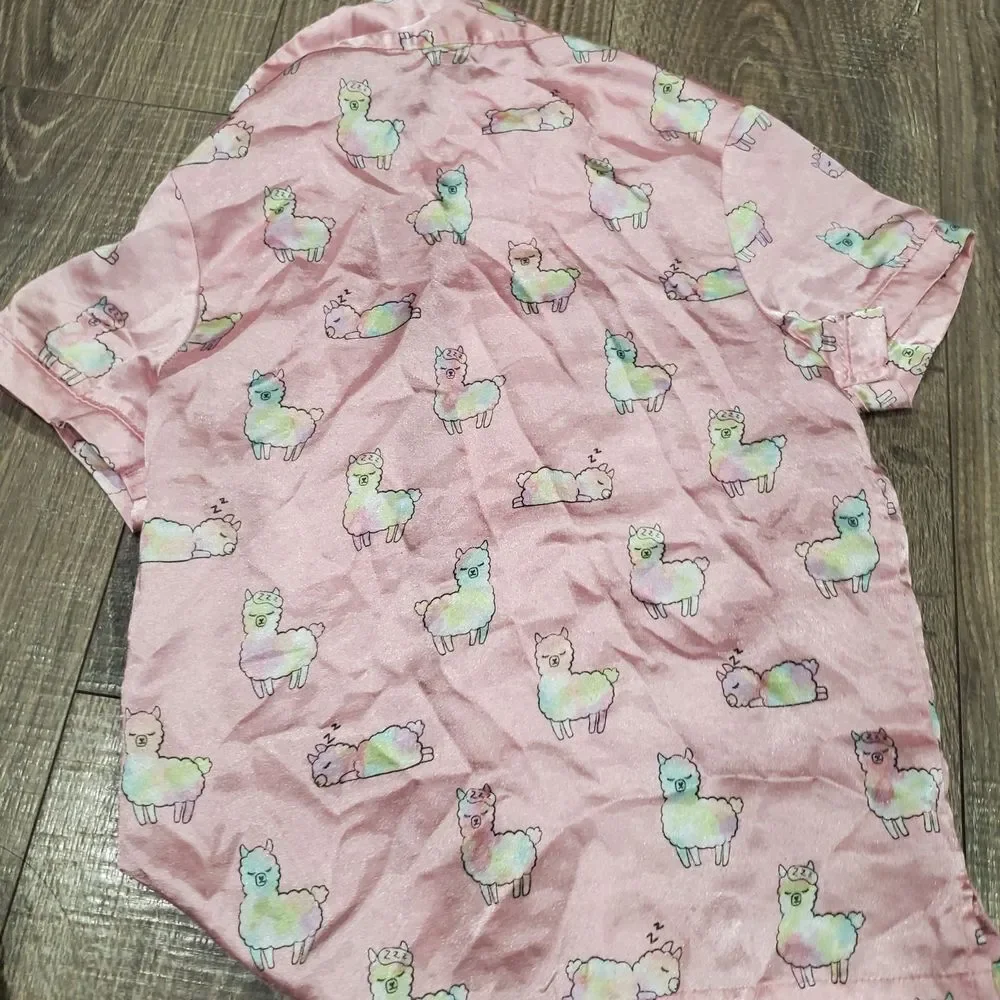 Girl Pajama Set Size 7-8 Cat & Jack Pink Dress & Justice Pink Llama Pajama Shirt